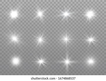 White glowing light explodes on a transparent background. Sparkling magical dust particles. Bright Star. Transparent shining sun, bright flash. Vector sparkles.