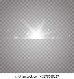 White glowing light explodes on a transparent background. Sparkling magical dust particles. Bright Star. Transparent shining sun, bright flash. Vector sparkles. To center a bright flash.