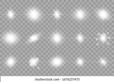 White glowing light explodes on a transparent background. Sparkling magical dust particles. Bright Star. Transparent shining sun, bright flash. Vector sparkles.