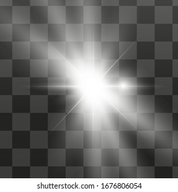 White glowing light explodes on a transparent background. Sparkling magical dust particles. Bright Star. Transparent shining sun, bright flash. Vector sparkles.