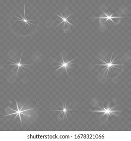 White glowing light explodes on a transparent background. Sparkling magical dust particles. Bright Star. Transparent shining sun, bright flash. Vector sparkles.