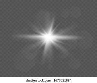 White glowing light explodes on a transparent background. Sparkling magical dust particles. Bright Star. Transparent shining sun, bright flash. Vector sparkles.