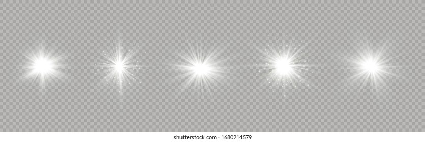 White glowing light explodes on a transparent background. Sparkling magical dust particles. Bright Star. Transparent shining sun, bright flash. Vector sparkles. To center a bright flash.