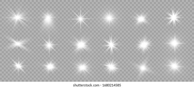 La luz blanca brillante estalla sobre un fondo transparente. Partículas mágicas de polvo espumoso. Estrella brillante.  Sol claro y brillante. El vector brilla. Centrar un flash brillante.