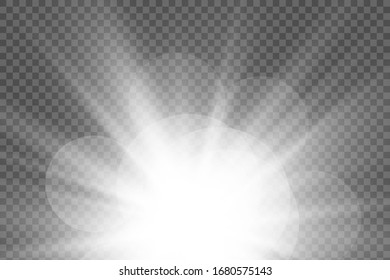 La luz blanca brillante estalla sobre un fondo transparente. Partículas mágicas de polvo espumoso. Estrella brillante.  Sol claro y brillante. El vector brilla. Centrar un flash brillante.