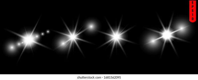 White glowing light explodes on a transparent background. Sparkling magical dust particles. Bright Star. Transparent shining sun, bright flash. Vector sparkles. To center a bright flash