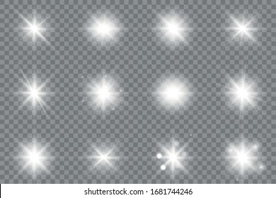 White glowing light explodes on a transparent background. Sparkling magical dust particles. Bright Star. Transparent shining sun, bright flash. Vector sparkles.