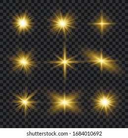 White glowing light explodes on a transparent background. Sparkling magical dust particles. Bright Star. Transparent shining sun, bright flash. Vector sparkles. To center a bright flash.