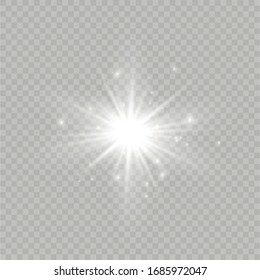 White glowing light explodes on a transparent background. Sparkling magical dust particles. Bright Star. Transparent shining sun, bright flash. Vector sparkles. To center a bright flash.