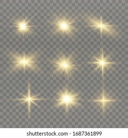 White glowing light explodes on a transparent background. Sparkling magical dust particles. Bright Star. Transparent shining sun, bright flash. Vector sparkles. To center a bright flash.