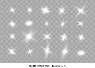White glowing light explodes on a transparent background. Sparkling magical dust particles. Bright Star. Transparent shining sun, bright flash. Vector sparkles. To center a bright flash