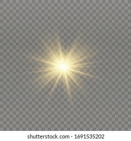 White glowing light explodes on a transparent background. Sparkling magical dust particles. Bright Star. Transparent shining sun, bright flash. Vector sparkles. To center a bright flash.