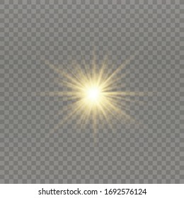 White glowing light explodes on a transparent background. Sparkling magical dust particles. Bright Star. Transparent shining sun, bright flash. Vector sparkles. To center a bright flash.