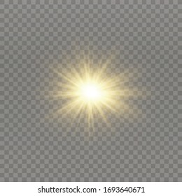 White glowing light explodes on a transparent background. Sparkling magical dust particles. Bright Star. Transparent shining sun, bright flash. Vector sparkles. To center a bright flash.