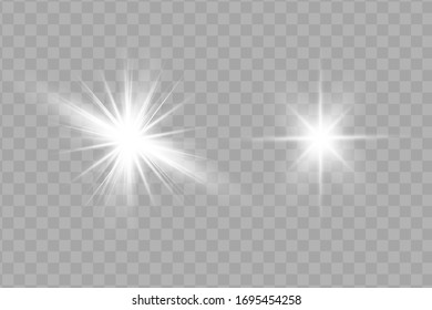 White glowing light explodes on a transparent background. Sparkling magical dust particles. Bright Star. Transparent shining sun, bright flash. Vector sparkles. To center a bright flash