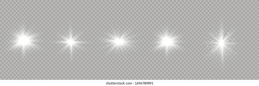 La luz blanca brillante estalla sobre un fondo transparente. Partículas mágicas de polvo espumoso. Estrella brillante. Sol claro y brillante. El vector brilla. Centrar un flash brillante.