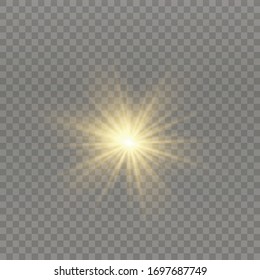 White glowing light explodes on a transparent background. Sparkling magical dust particles. Bright Star. Transparent shining sun, bright flash. Vector sparkles. To center a bright flash.