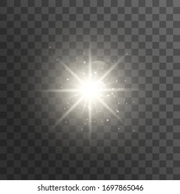 Une lumière brillante blanche explose sur fond transparent. avec ray. Soleil brillant transparent, flash lumineux. Illustration vectorielle