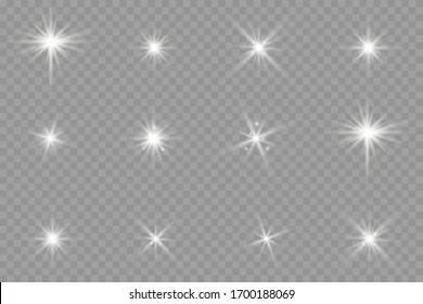 White glowing light explodes on a transparent background. Sparkling magical dust particles. Bright Star. Transparent shining sun, bright flash. Vector sparkles. To center a bright flash.