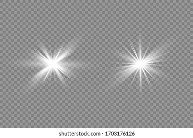 White glowing light explodes on a transparent background. Sparkling magical dust particles. Bright Star. Transparent shining sun, bright flash. Vector sparkles. To center a bright flash