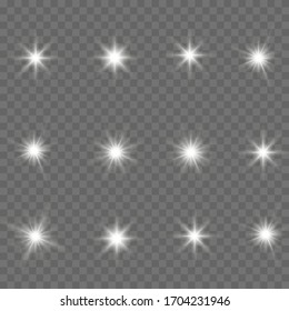 White glowing light explodes on a transparent background. Sparkling magical dust particles. Bright Star. Transparent shining sun, bright flash. Vector sparkles.