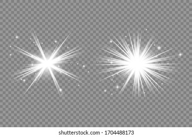 White glowing light explodes on a transparent background. Sparkling magical dust particles. Bright Star. Transparent shining sun, bright flash. Vector sparkles. To center a bright flash