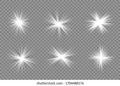 White glowing light explodes on a transparent background. Sparkling magical dust particles. Bright Star. Transparent shining sun, bright flash. Vector sparkles. To center a bright flash