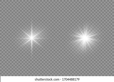 White glowing light explodes on a transparent background. Sparkling magical dust particles. Bright Star. Transparent shining sun, bright flash. Vector sparkles. To center a bright flash