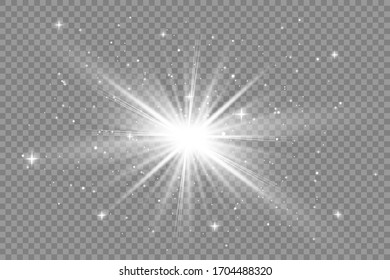 White glowing light explodes on a transparent background. Sparkling magical dust particles. Bright Star. Transparent shining sun, bright flash. Vector sparkles. To center a bright flash