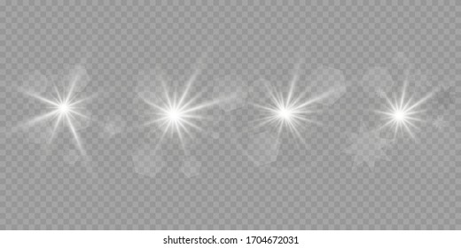 White glowing light explodes on a transparent background. Sparkling magical dust particles. Bright Star. Transparent shining sun, bright flash. Vector sparkles.