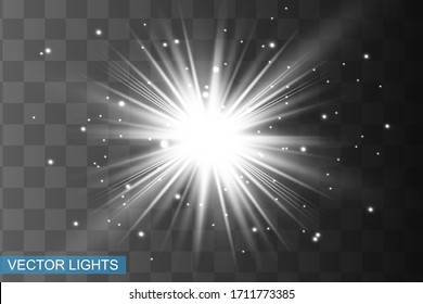 White glowing light explodes on a transparent background. Sparkling magical dust particles. Bright Star. Transparent shining sun, bright flash. Vector sparkles. To center a bright flash
