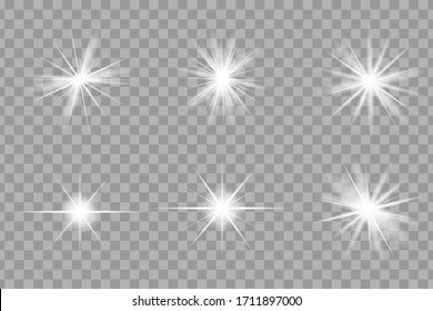 White glowing light explodes on a transparent background. Sparkling magical dust particles. Bright Star. Transparent shining sun, bright flash. Vector sparkles. To center a bright flash