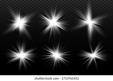White glowing light explodes on a transparent background. Sparkling magical dust particles. Bright Star. Transparent shining sun, bright flash. Vector sparkles. To center a bright flash