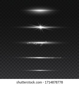 White glowing light explodes on a transparent background. Sparkling magical dust particles. Bright Star. Transparent shining sun, bright flash. Vector sparkles. To center a bright flash.