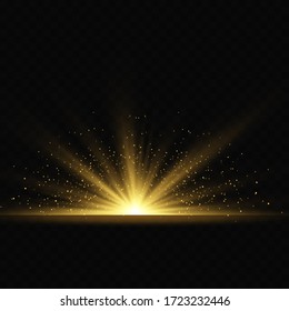 White glowing light explodes on a transparent background. Sparkling magical dust particles. Bright Star. Transparent shining sun, bright flash. Vector sparkles. To center a bright flash.