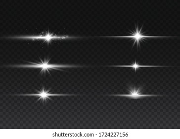 White glowing light explodes on a transparent background. Sparkling magical dust particles. Bright Star. Transparent shining sun, bright flash. Vector sparkles. To center a bright flash.