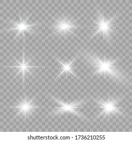 White glowing light explodes on a transparent background. Sparkling magical dust particles. Bright Star. Transparent shining sun, bright flash. Vector sparkles.