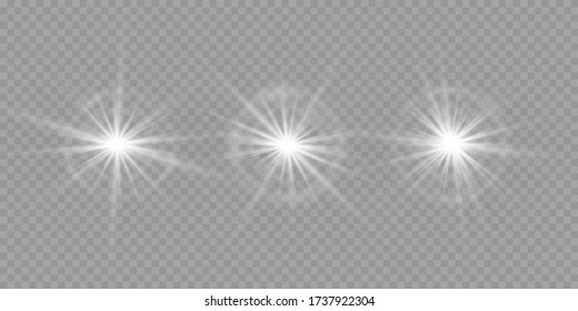 White glowing light explodes on a transparent background. Sparkling magical dust particles. Bright Star. Transparent shining sun, bright flash. Vector sparkles. To center a bright flash.