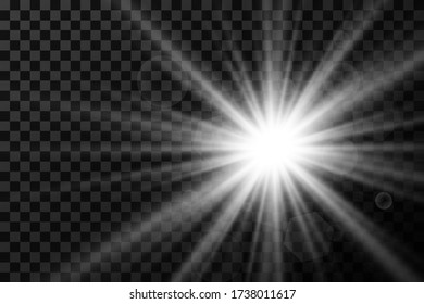 White glowing light explodes on a transparent background. Sparkling magical dust particles. Bright Star. Transparent shining sun, bright flash. Vector sparkles. To center a bright flash.