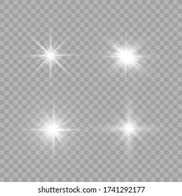La luz blanca brillante explota sobre un fondo transparente. Parpadeando mágicas partículas de polvo. Estrella brillante. Sol brillante transparente, brillante. El vector brilla.