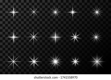 White glowing light explodes on a transparent background. Sparkling magical dust particles. Bright Star. Transparent shining sun, bright flash. Vector sparkles. To center a bright flash.