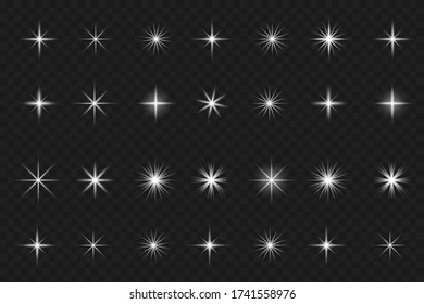White glowing light explodes on a transparent background. Sparkling magical dust particles. Bright Star. Transparent shining sun, bright flash. Vector sparkles. To center a bright flash.