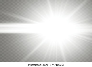 White glowing light explodes on a transparent background. Sparkling magical dust particles. Bright Star. Transparent shining sun, bright flash. Vector sparkles.