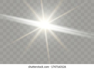 White glowing light explodes on a transparent background. Sparkling magical dust particles. Bright Star. Transparent shining sun, bright flash. Vector sparkles.