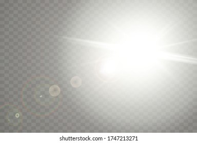White glowing light explodes on a transparent background. Sparkling magical dust particles. Bright Star. Transparent shining sun, bright flash. Vector sparkles.