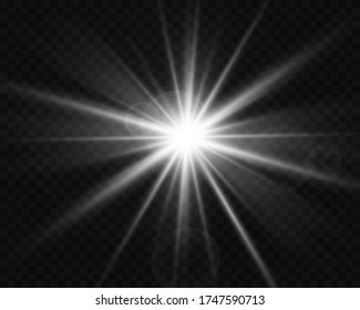 White glowing light explodes on a transparent background. Sparkling magical dust particles. Bright Star. Transparent shining sun, bright flash. Vector sparkles.