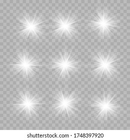 White glowing light explodes on a transparent background. Sparkling magical dust particles. Bright Star. Transparent shining sun, bright flash. Vector sparkles.