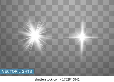 White glowing light explodes on a transparent background. Sparkling magical dust particles. Bright Star. Transparent shining sun, bright flash. Vector sparkles. To center a bright flash