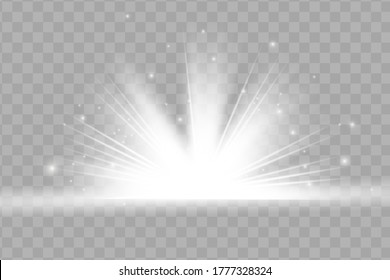 White glowing light explodes on a transparent background. Sparkling magical dust particles. Bright Star. Transparent shining sun, bright flash. Vector sparkles. To center a bright flash