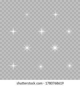 White glowing light explodes on a transparent background. Sparkling magical dust particles. Bright Star. Transparent shining sun, bright flash. Vector sparkles. To center a bright flash.
